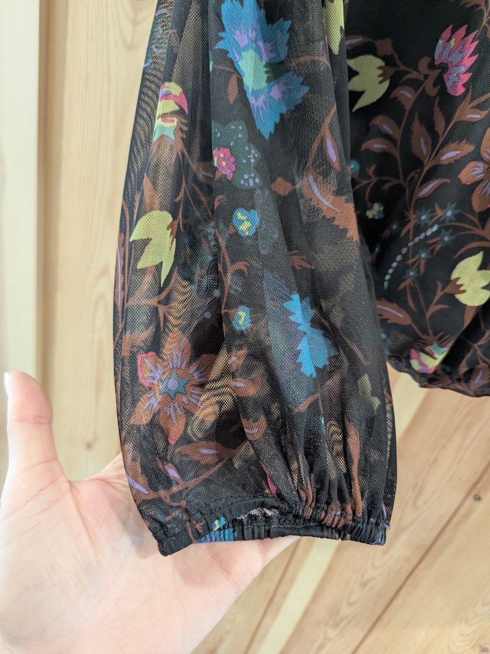Free People Black Floral Sheer Balloon-Sleeve Blouse - Picture 6 of 8